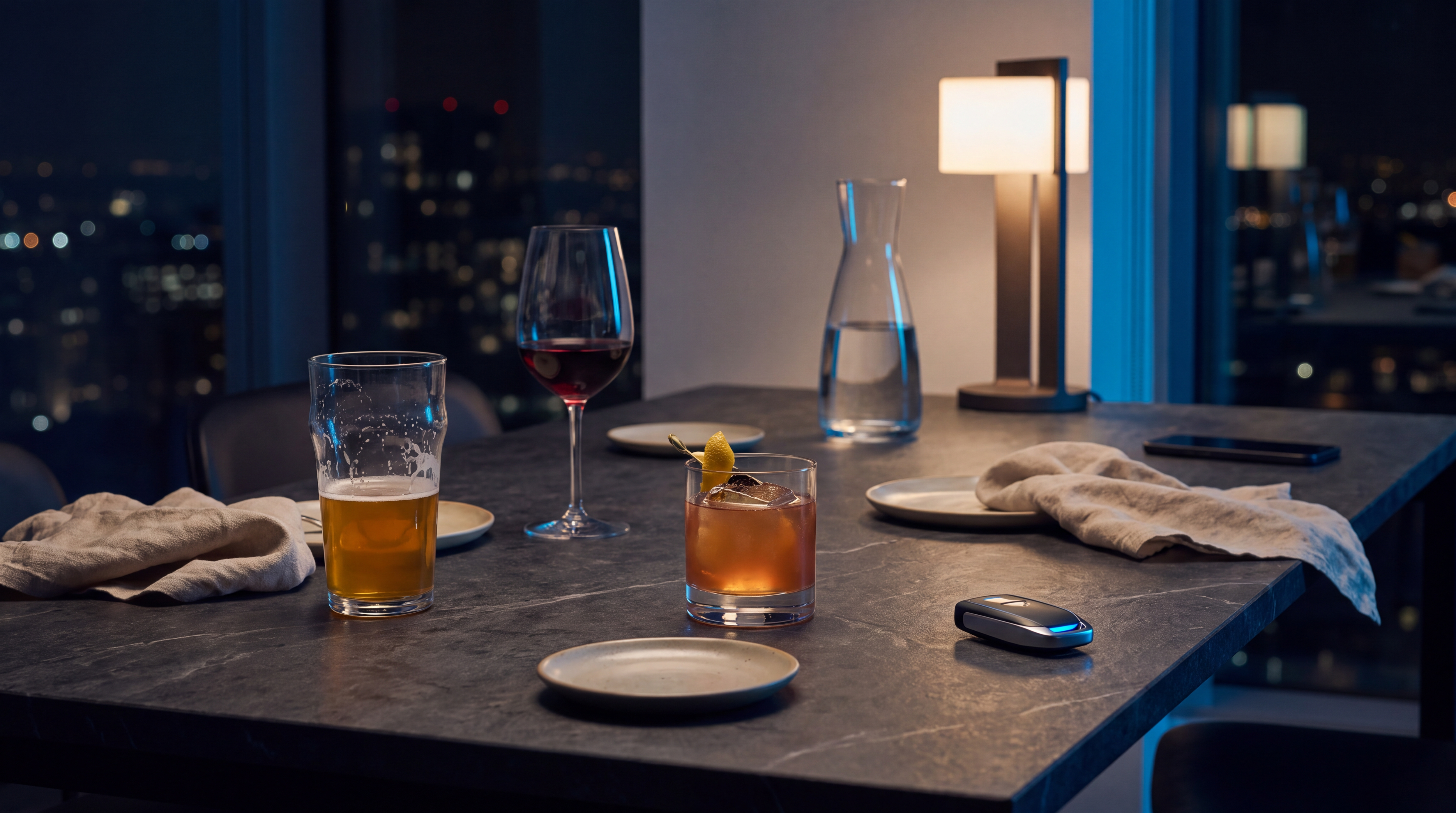 Beer, wine and a cocktail on a dinner table representing the question of whether mixing alcoholic drinks increases intoxication.