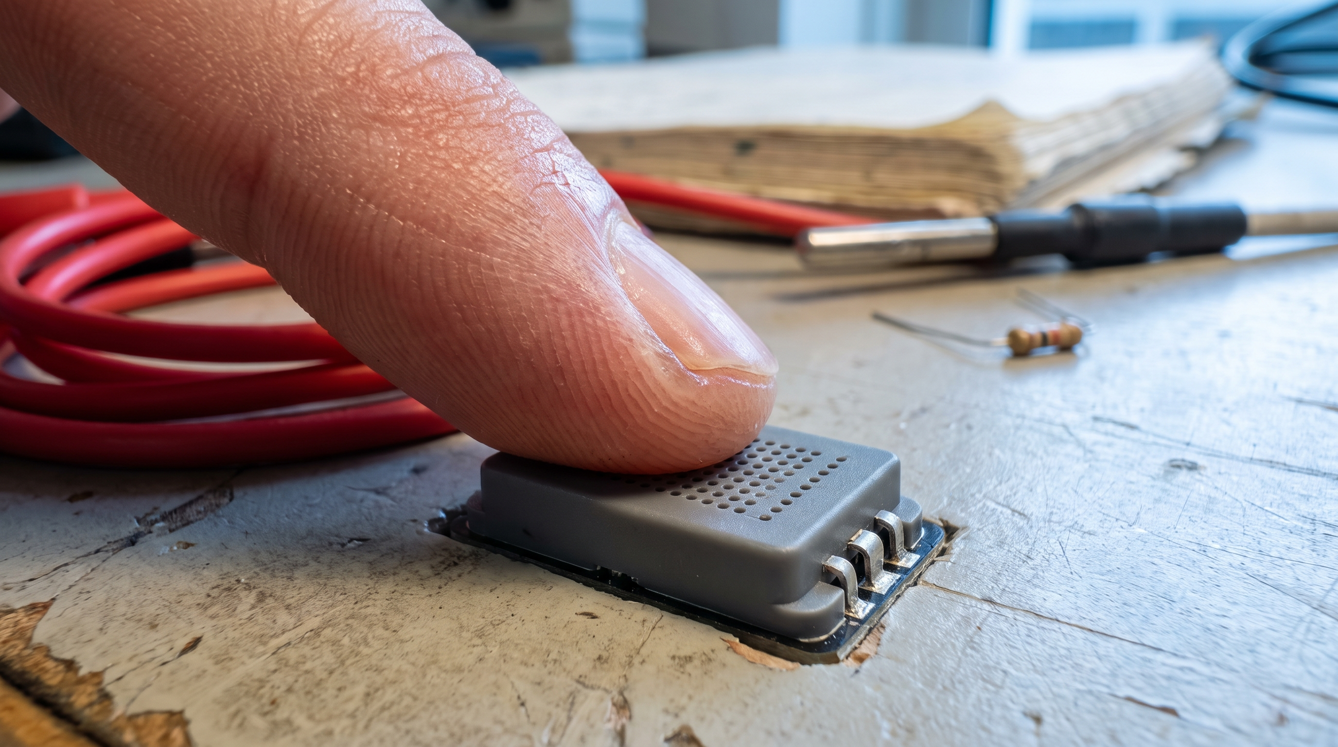 Fingertip making contact with a small sensor surface during an alcohol-sensing engineering test.