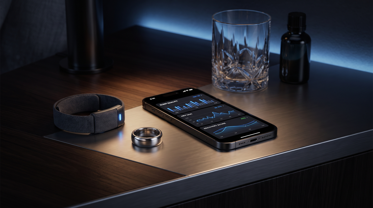 Smart ring and fitness wearable beside a phone displaying sleep and recovery metrics, representing alcohol-related self-tracking.