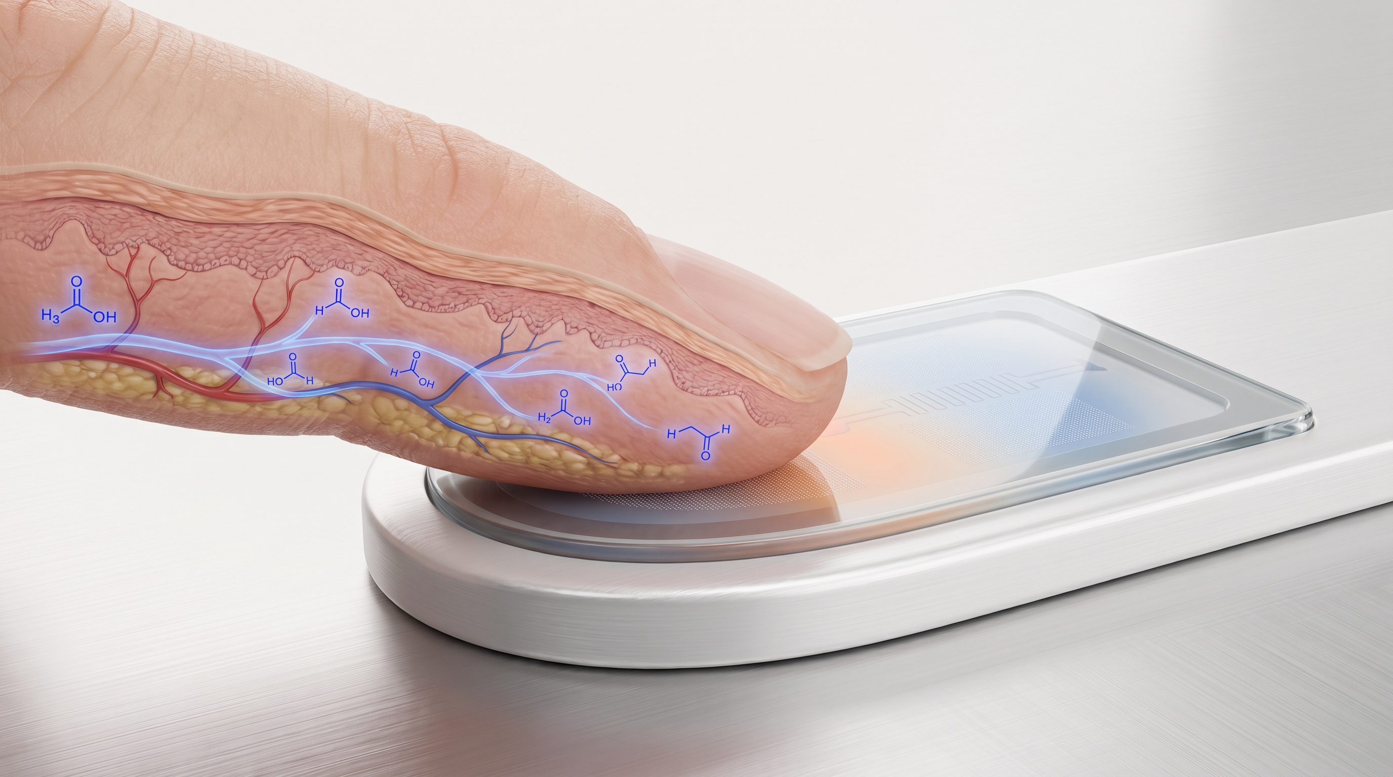 Scientific illustration of a fingertip above a sensor detecting ethanol released through the skin.