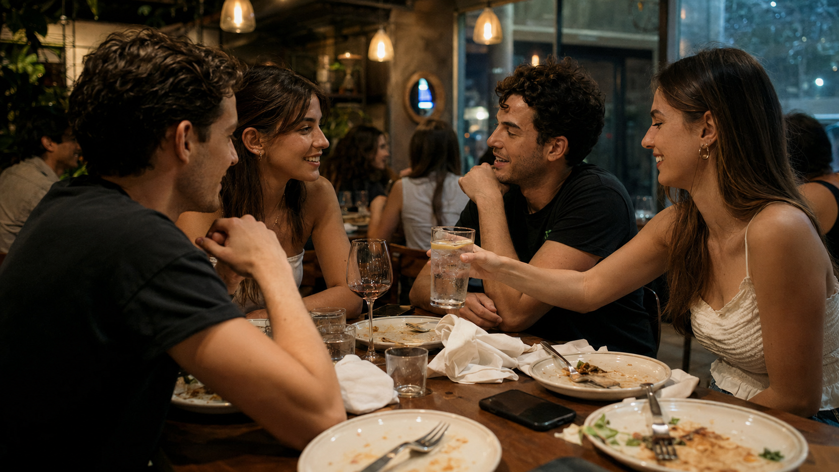 Young adults talking naturally at a restaurant table while one person chooses sparkling water instead of another alcoholic drink.