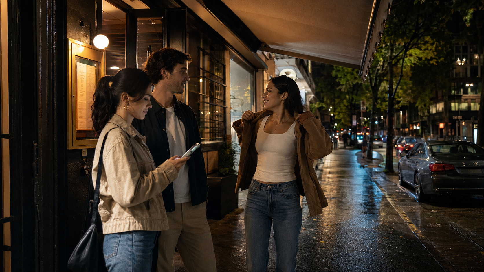 Friends waiting under an awning for a ride home at night while a parked car remains unused nearby.  