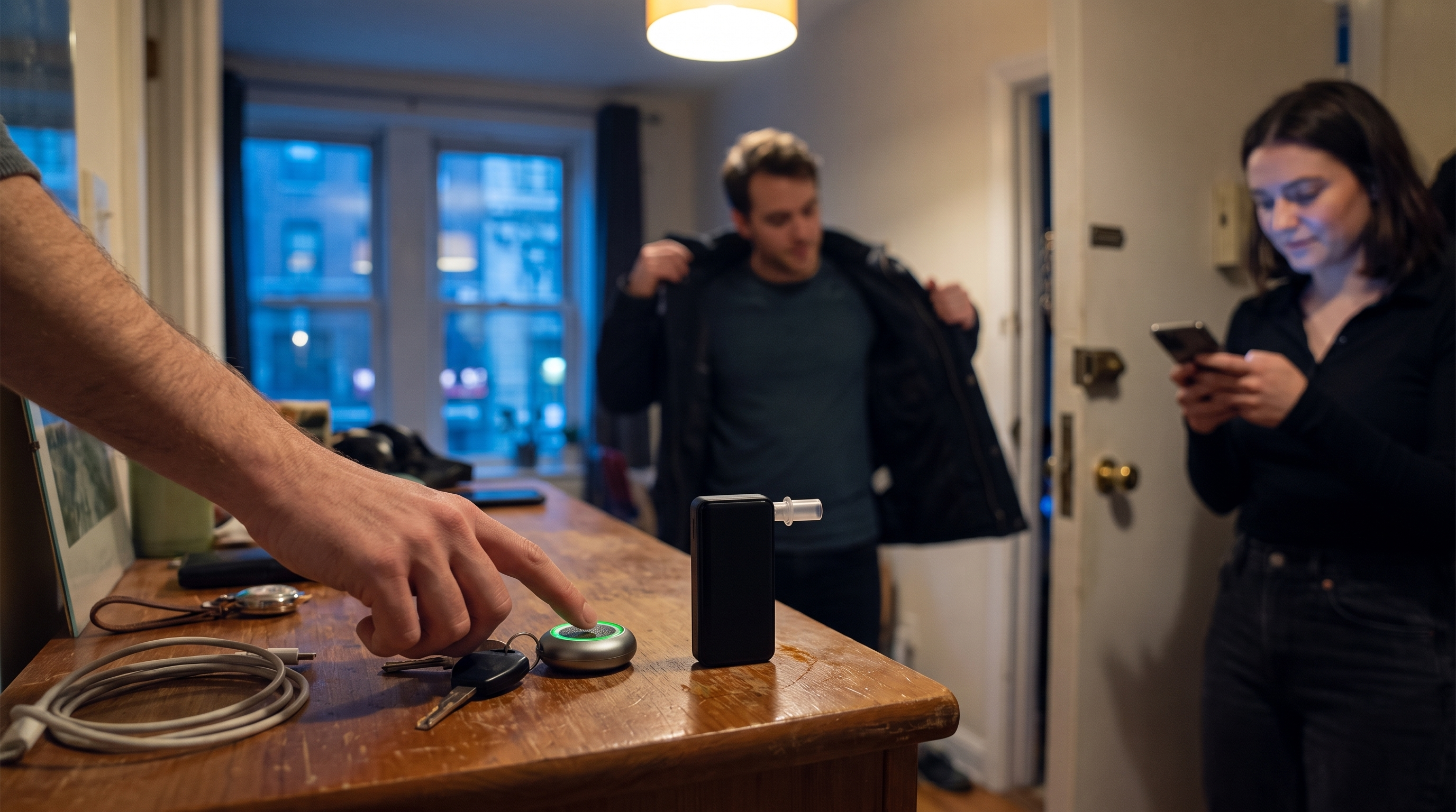 EthyloKey touch-based alcohol detector beside a personal breathalyzer before a night out.