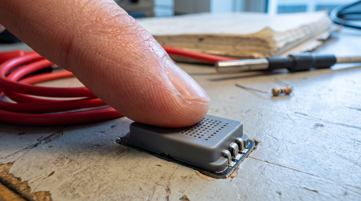 Fingertip making contact with a small sensor surface during an alcohol-sensing engineering test.