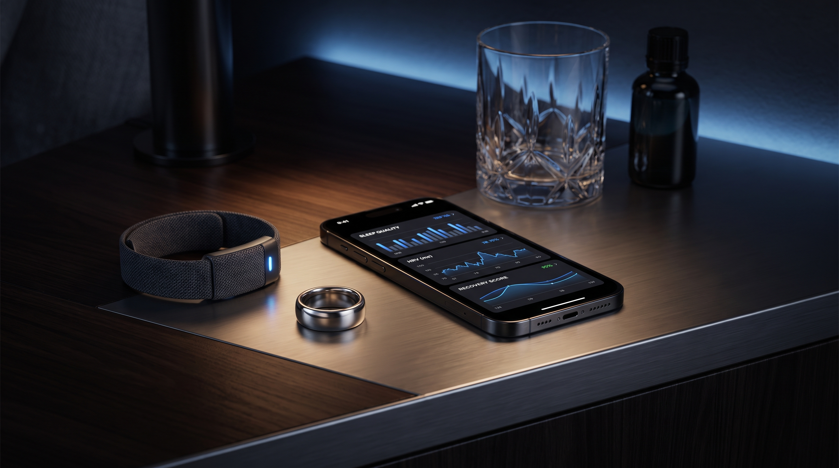 Smart ring and fitness wearable beside a phone displaying sleep and recovery metrics, representing alcohol-related self-tracking.