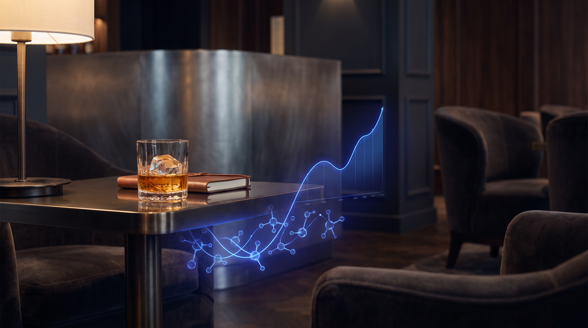 Evening drink beside a timeline illustrating alcohol absorption continuing after the final drink