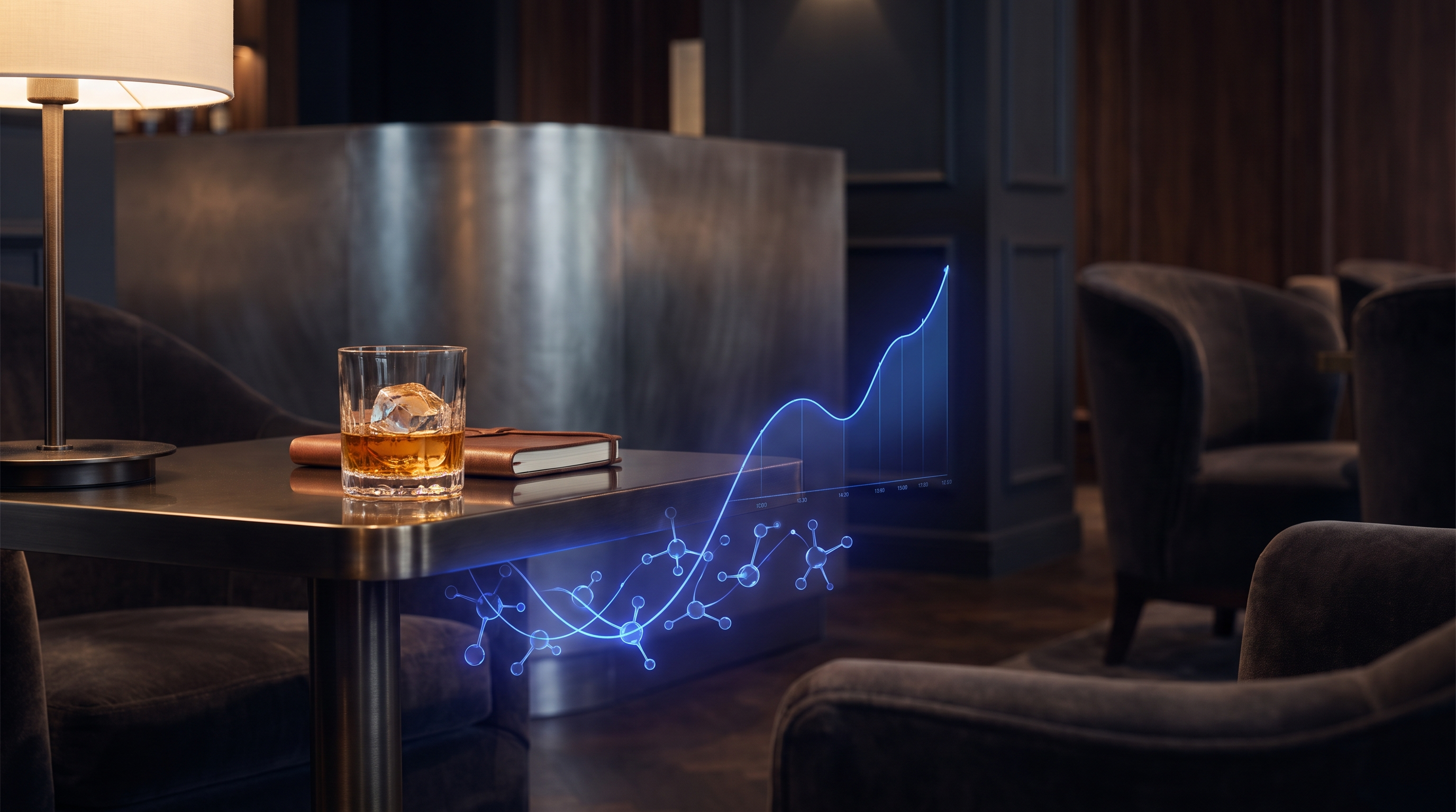 Evening drink beside a timeline illustrating alcohol absorption continuing after the final drink